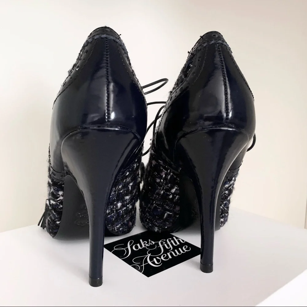 Tory Burch tweed tassel lace up oxford heels